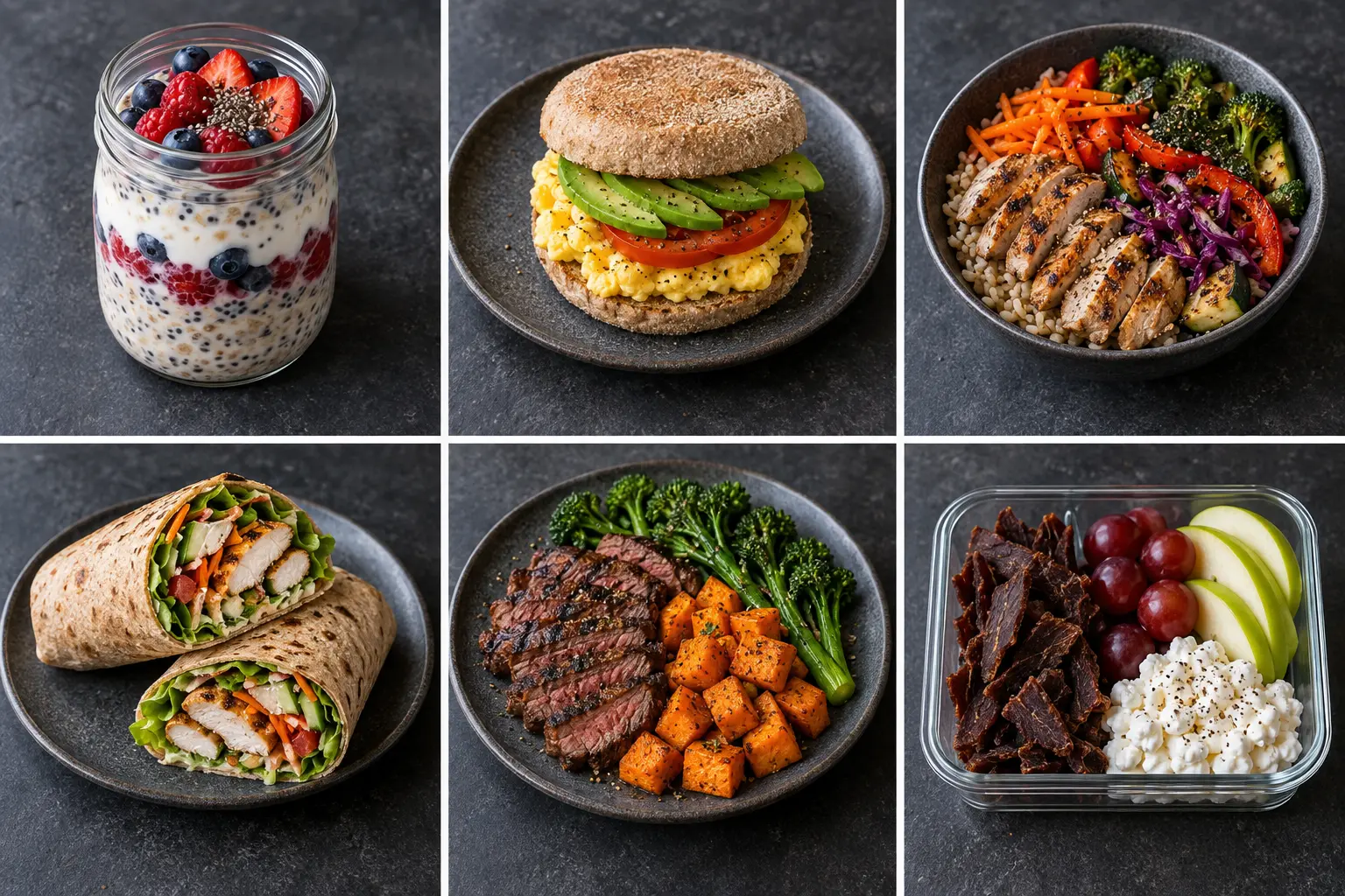 Six sample high-protein meals including oats, an egg muffin, chicken bowl, wrap, steak and biltong snack box